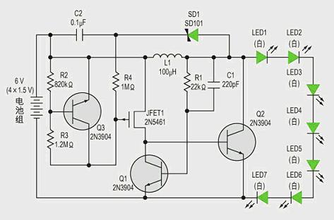 用電池組驅動七個白光LED的電路