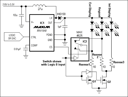 Figure 1. This circuit in is based around the MAX1848 (IC1) white LED driver.