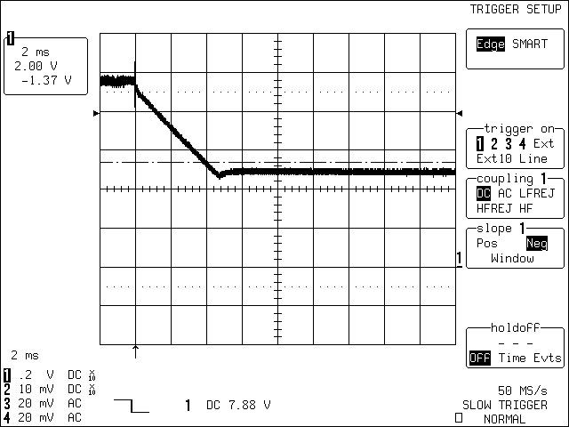 圖2. C1 = 470μF,充電電源移開時(shí),4節(jié)電池開關(guān)模式電路的瞬態(tài)特性
