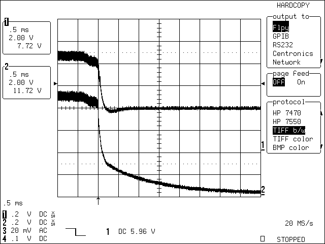 圖4. C1 = 22μF時(shí),改進(jìn)后的應(yīng)用電路在移除充電電源后的瞬態(tài)波形