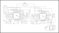 圖10. 多DSL (VDSL/ADSL)電源管理。輸入:5.5V至7V, 輸出: VOUT1 = 1.2V/1.5A, VOUT2 = 1.8V/1A, VOUT3 = 3.3V/1A, VOUT4 = 12.8V/200mA。每個變換器的開關(guān)頻率為2.2MHz,組合開關(guān)頻率相當于8.8MHz。開關(guān)頻率與系統(tǒng)時鐘同步。